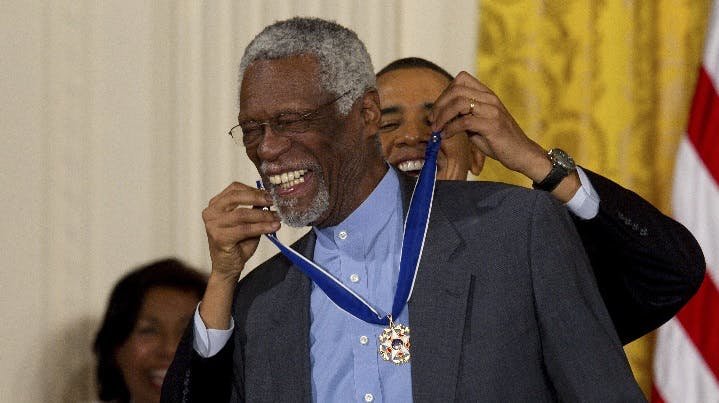 Bill Russell receives the presidential medal of freedom from President Barack Obama in 2011. President Obama honored Russell as “someone who stood up for the rights and dignity of all men.” Russell, an 11-time NBA Champion passes away last Sunday at the age of 88.